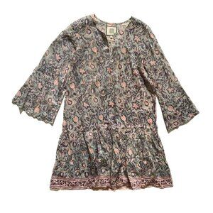 Bell Caftan Popover Mini Dress Womens Small Blue Pink V-Neck Floral Cotton Silk